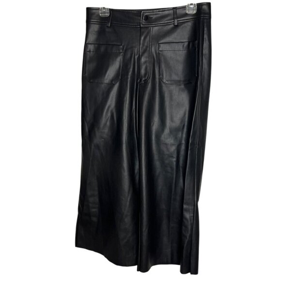 Mark Alan NY Women's M Cropped Black Faux Leather Pants Wide Leg Elevated Basic - Picture 1 of 6